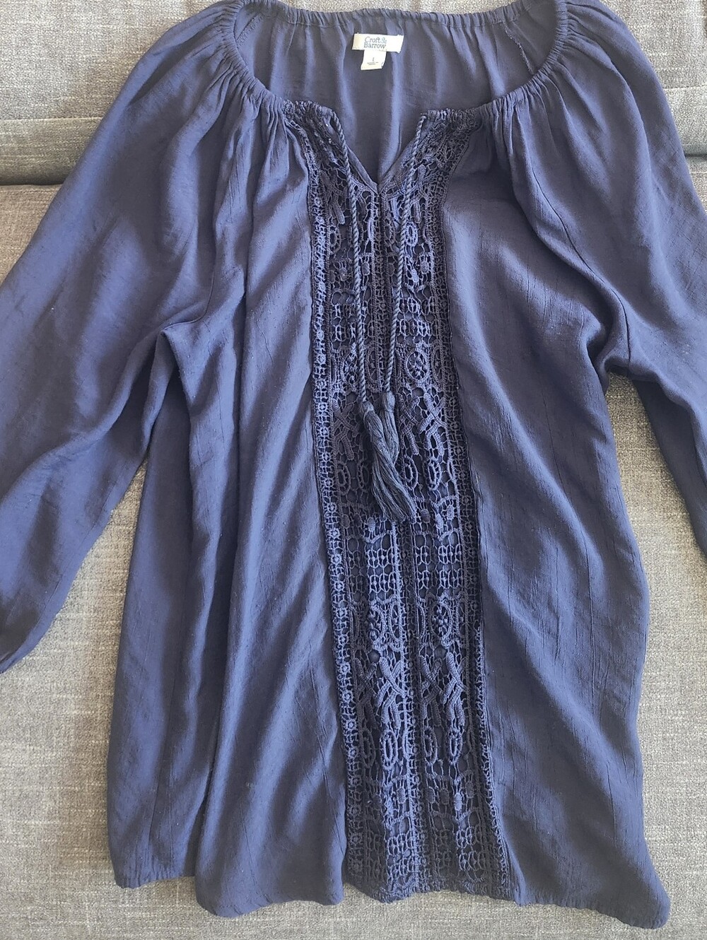 croft & barrow navy crochet-front peasant tunic with tassels